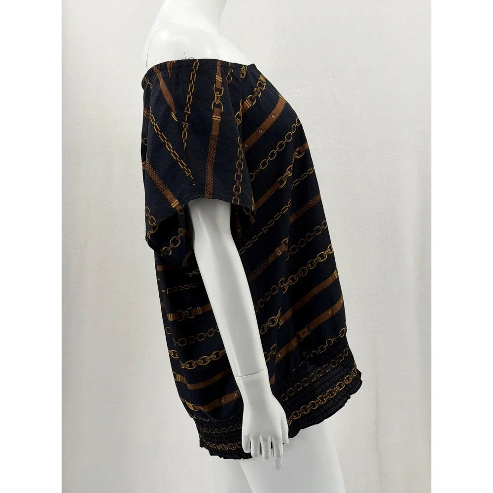 Michael Kors Top Womens 2X Navy Chain Belt Off the‎ Shoulder Equestrian Sheer
